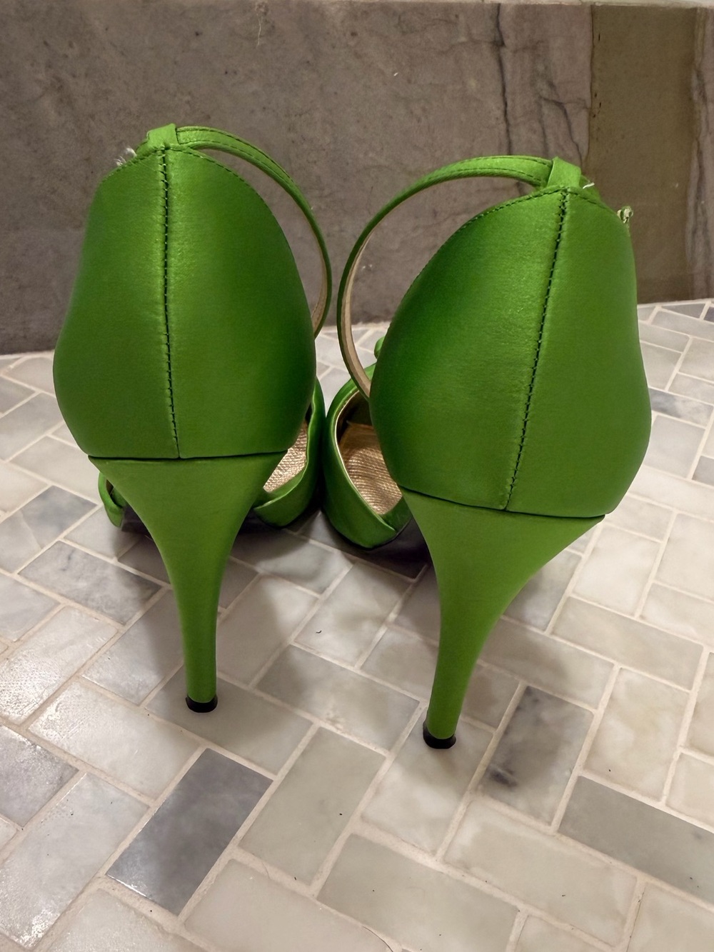 Nina Lime Green Satin Bow Peep-Toe Ankle-Strap Heels - Picture 3 of 7